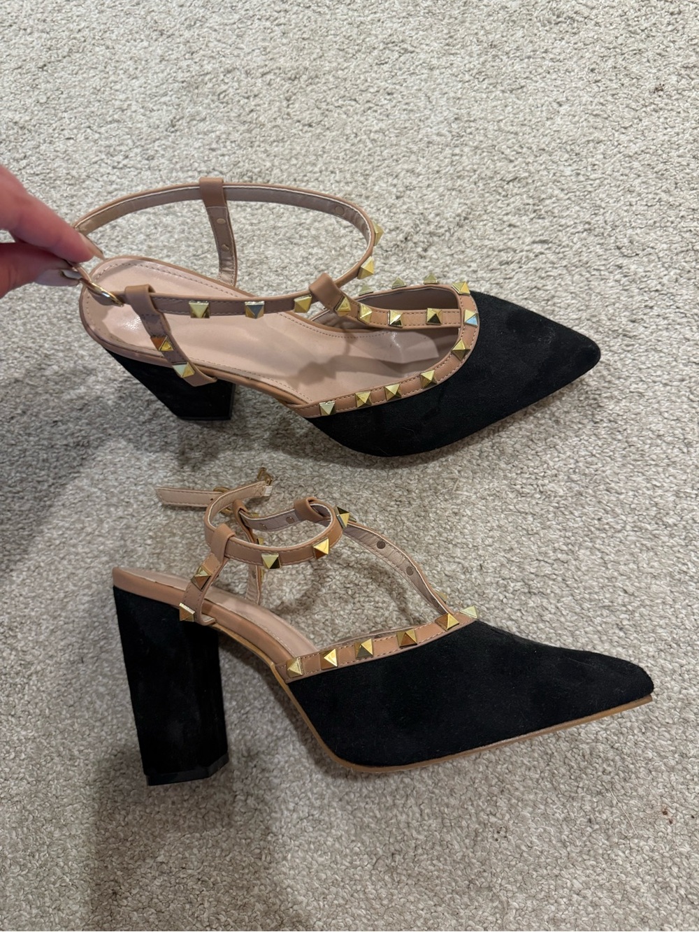 SHEIN size 9 Black Pointed Block Heels with Tan Studded Straps